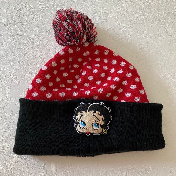 Betty Boop Red Polka Dot Pom Beanie Winter Hat OSFM - Picture 1 of 7